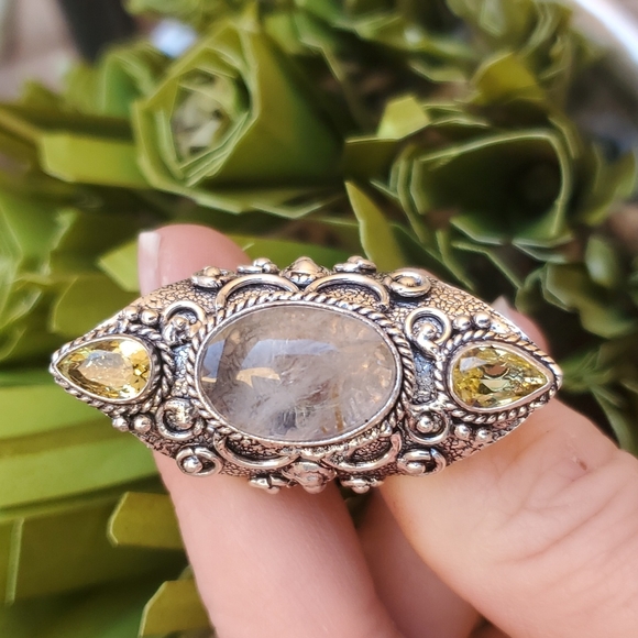 New Golden Rutile & Citrine 925 Silver Statement Ring. - Picture 14 of 16